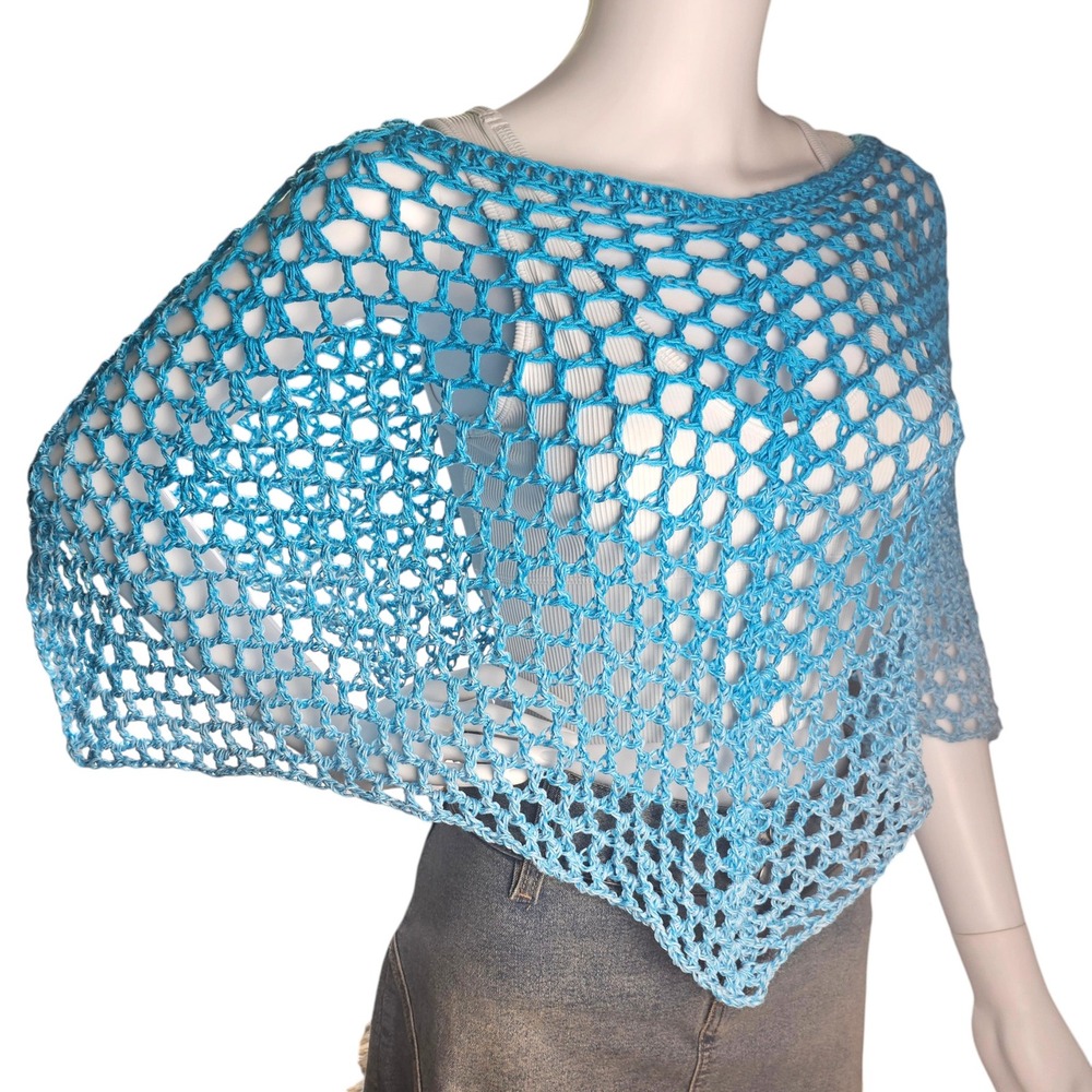 Handmade Crochet Shawl Women Teal Ombre Cotton Boho Poncho - Picture 5 of 12